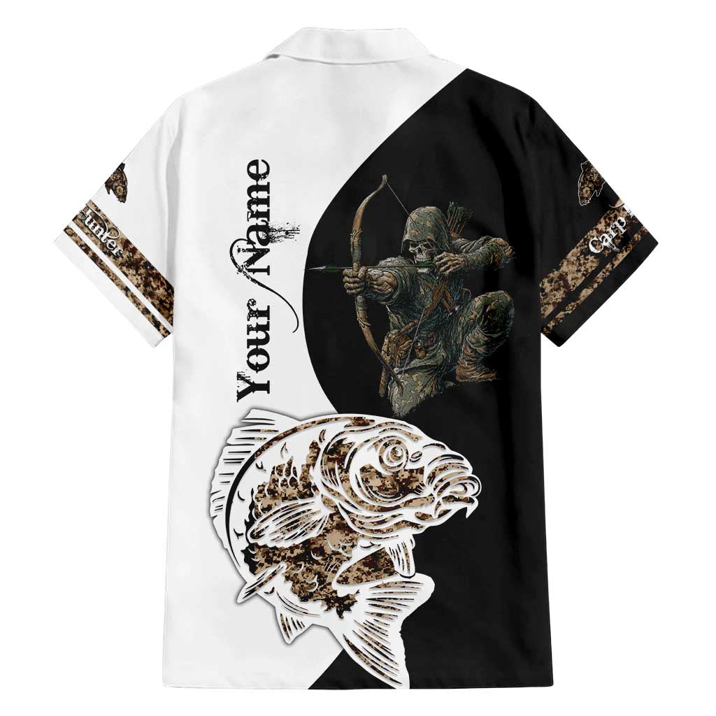 Carp Hunter Bowfishing Customize Name Family Matching Off Shoulder Maxi Dress and Hawaiian Shirt Camouflage Archer Graphic and Black White Split Layout - Wonder Print Shop