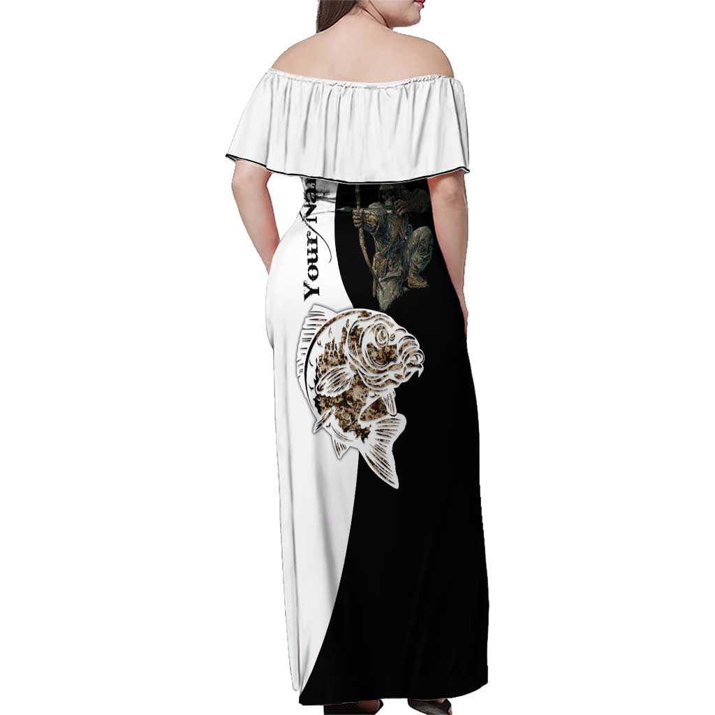 Carp Hunter Bowfishing Customize Name Family Matching Off Shoulder Maxi Dress and Hawaiian Shirt Camouflage Archer Graphic and Black White Split Layout - Wonder Print Shop