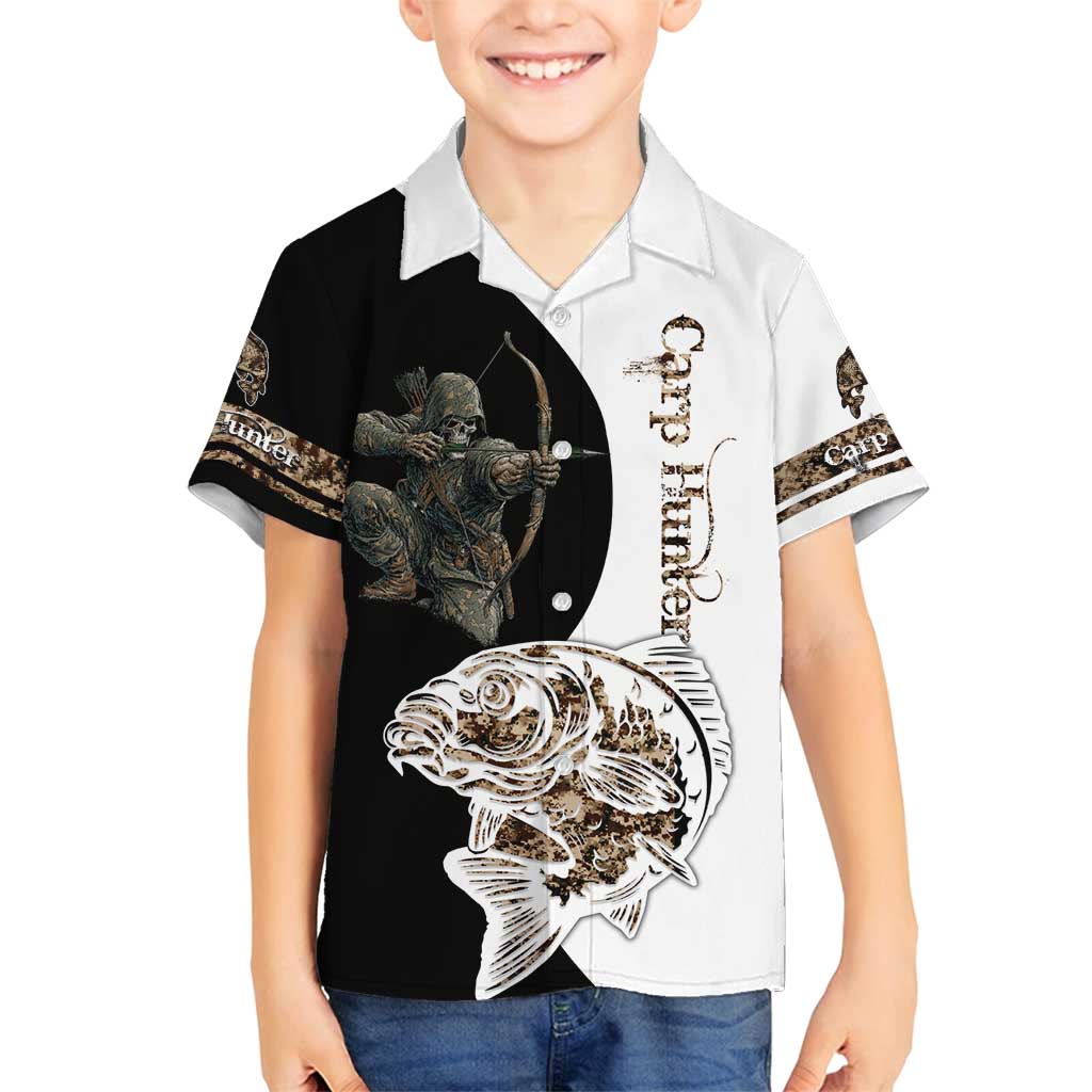 Carp Hunter Bowfishing Customize Name Family Matching Off Shoulder Maxi Dress and Hawaiian Shirt Camouflage Archer Graphic and Black White Split Layout - Wonder Print Shop