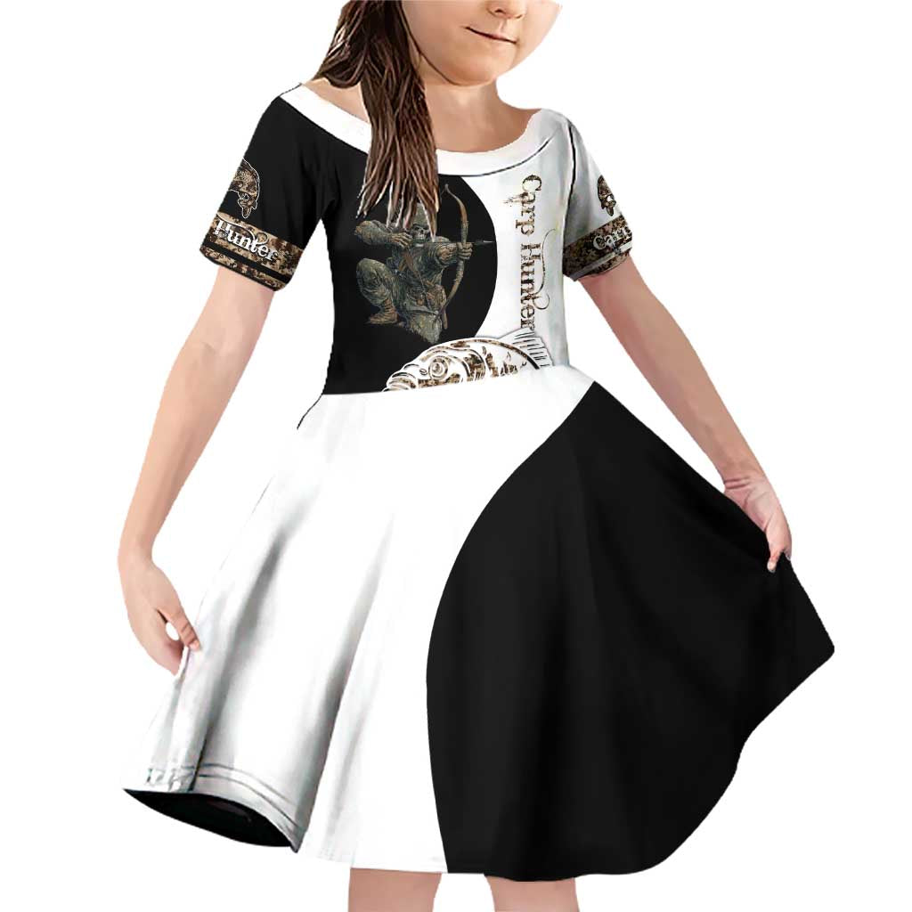 Carp Hunter Bowfishing Customize Name Family Matching Off Shoulder Short Dress and Hawaiian Shirt Camouflage Archer Graphic and Black White Split Layout - Wonder Print Shop