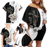 Carp Hunter Bowfishing Customize Name Family Matching Off Shoulder Short Dress and Hawaiian Shirt Camouflage Archer Graphic and Black White Split Layout - Wonder Print Shop