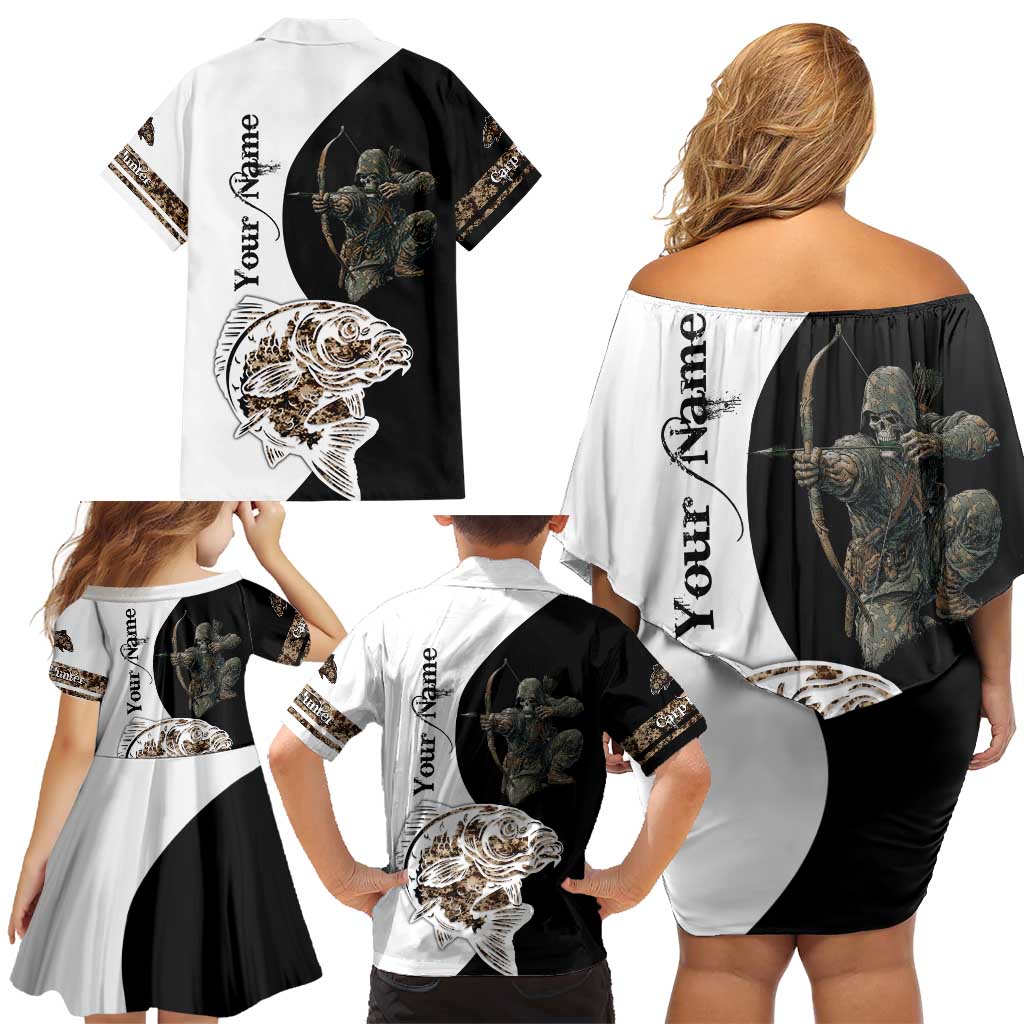 Carp Hunter Bowfishing Customize Name Family Matching Off Shoulder Short Dress and Hawaiian Shirt Camouflage Archer Graphic and Black White Split Layout - Wonder Print Shop