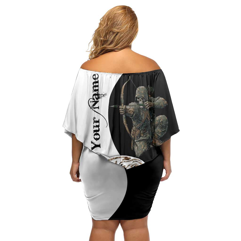 Carp Hunter Bowfishing Customize Name Family Matching Off Shoulder Short Dress and Hawaiian Shirt Camouflage Archer Graphic and Black White Split Layout - Wonder Print Shop
