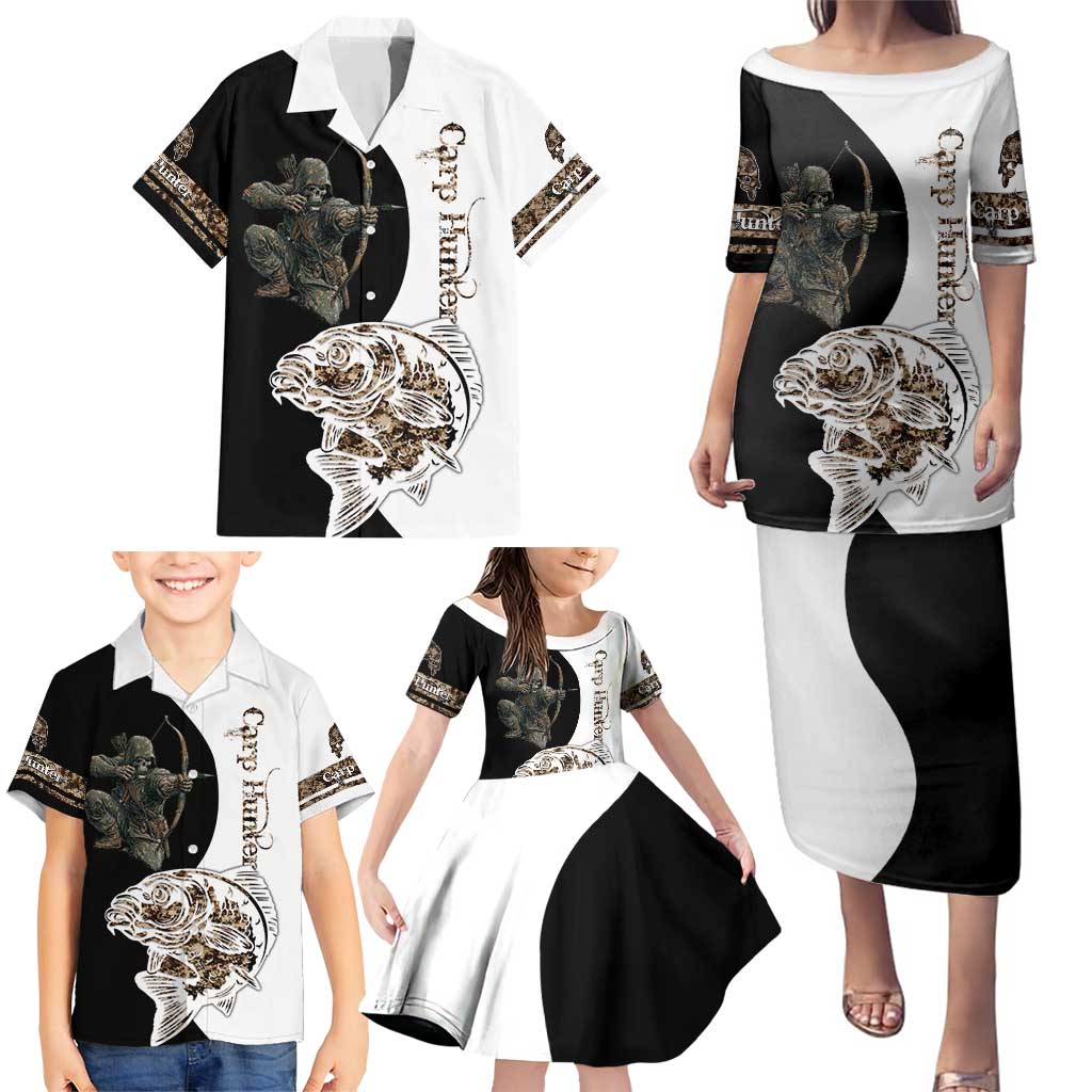 Carp Hunter Bowfishing Customize Name Family Matching Puletasi and Hawaiian Shirt Camouflage Archer Graphic and Black White Split Layout - Wonder Print Shop