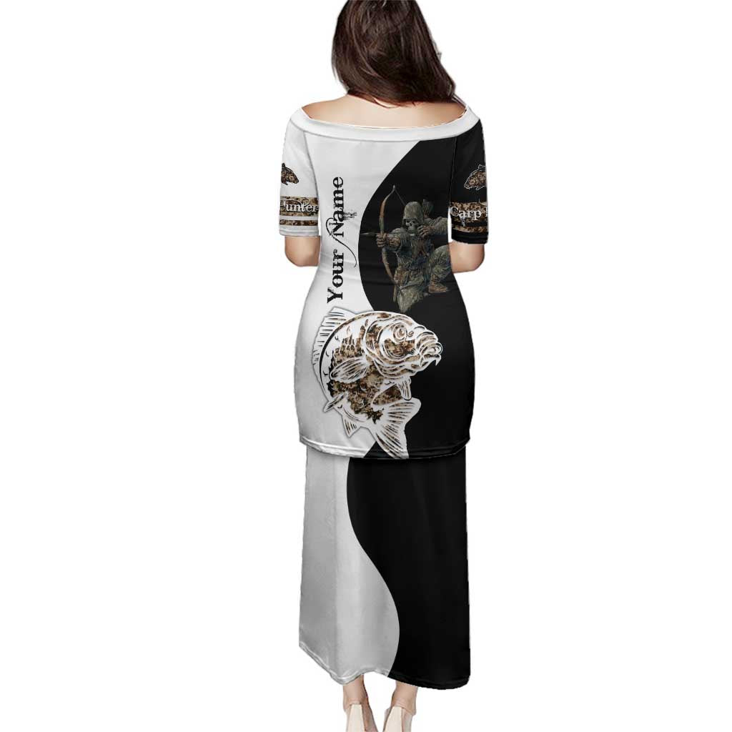 Carp Hunter Bowfishing Customize Name Family Matching Puletasi and Hawaiian Shirt Camouflage Archer Graphic and Black White Split Layout - Wonder Print Shop