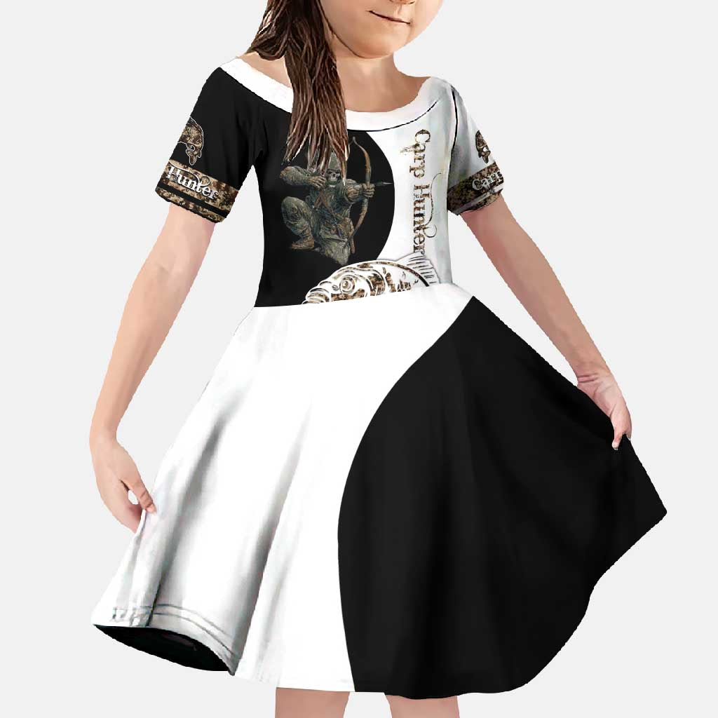 Carp Hunter Bowfishing Customize Name Family Matching Short Sleeve Bodycon Dress and Hawaiian Shirt Camouflage Archer Graphic and Black White Split Layout - Wonder Print Shop