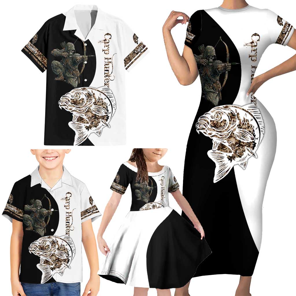 Carp Hunter Bowfishing Customize Name Family Matching Short Sleeve Bodycon Dress and Hawaiian Shirt Camouflage Archer Graphic and Black White Split Layout - Wonder Print Shop