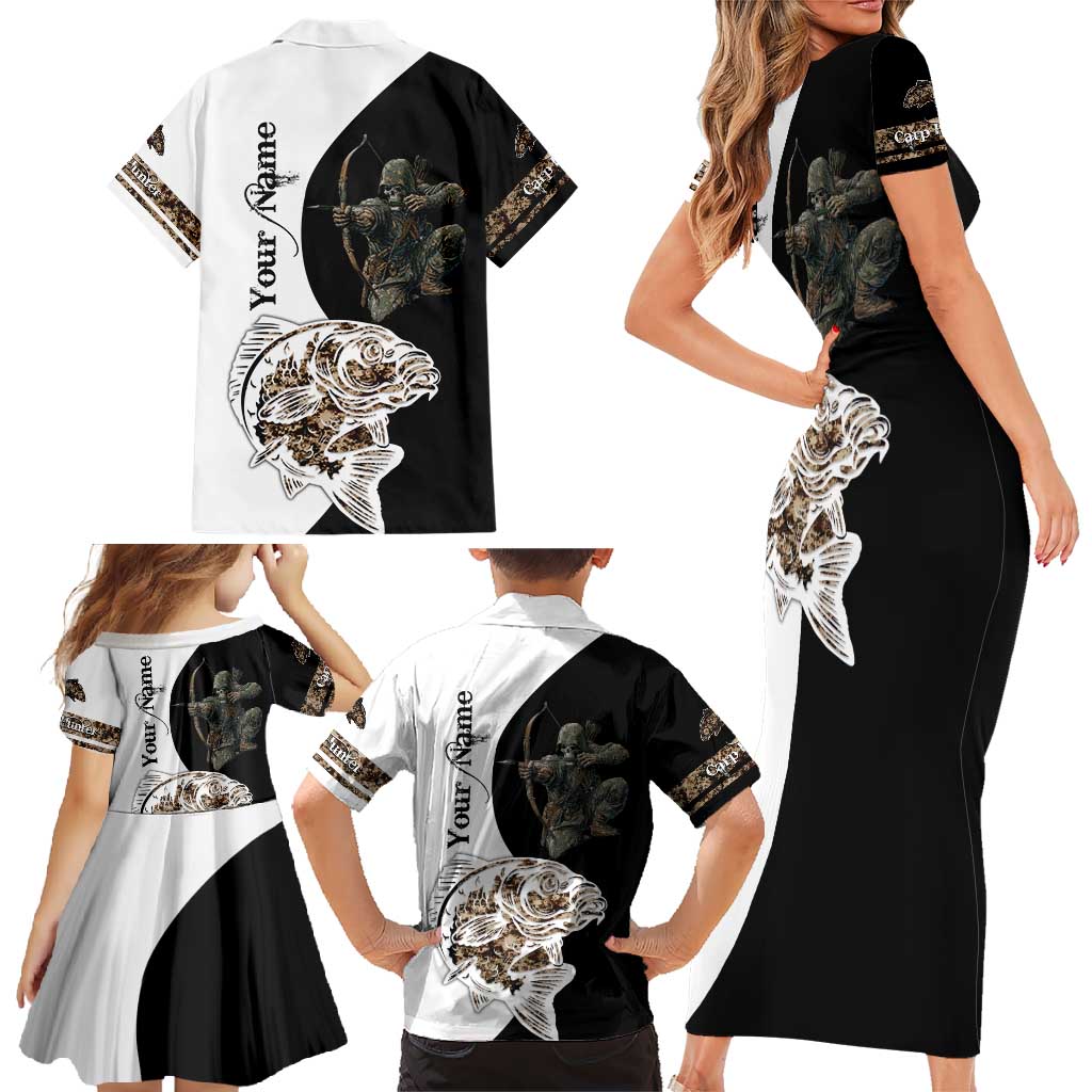 Carp Hunter Bowfishing Customize Name Family Matching Short Sleeve Bodycon Dress and Hawaiian Shirt Camouflage Archer Graphic and Black White Split Layout - Wonder Print Shop