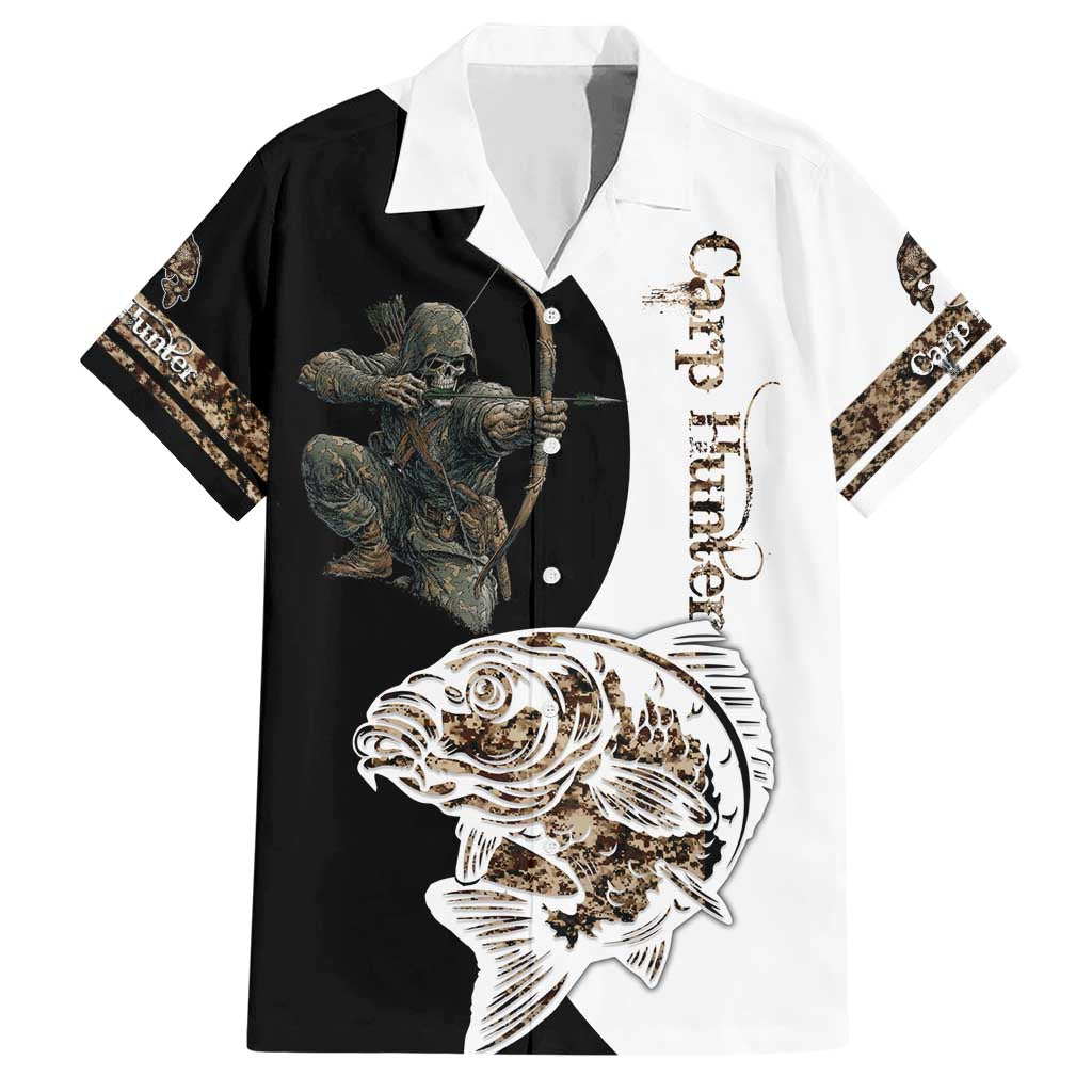 Carp Hunter Bowfishing Customize Name Family Matching Short Sleeve Bodycon Dress and Hawaiian Shirt Camouflage Archer Graphic and Black White Split Layout - Wonder Print Shop