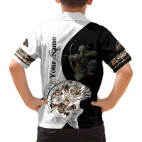 Carp Hunter Bowfishing Customize Name Family Matching Summer Maxi Dress and Hawaiian Shirt Camouflage Archer Graphic and Black White Split Layout - Wonder Print Shop