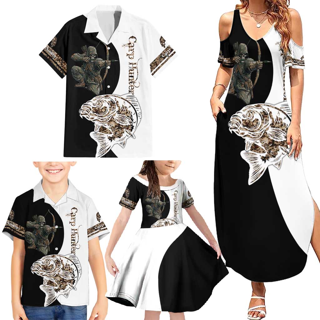 Carp Hunter Bowfishing Customize Name Family Matching Summer Maxi Dress and Hawaiian Shirt Camouflage Archer Graphic and Black White Split Layout - Wonder Print Shop