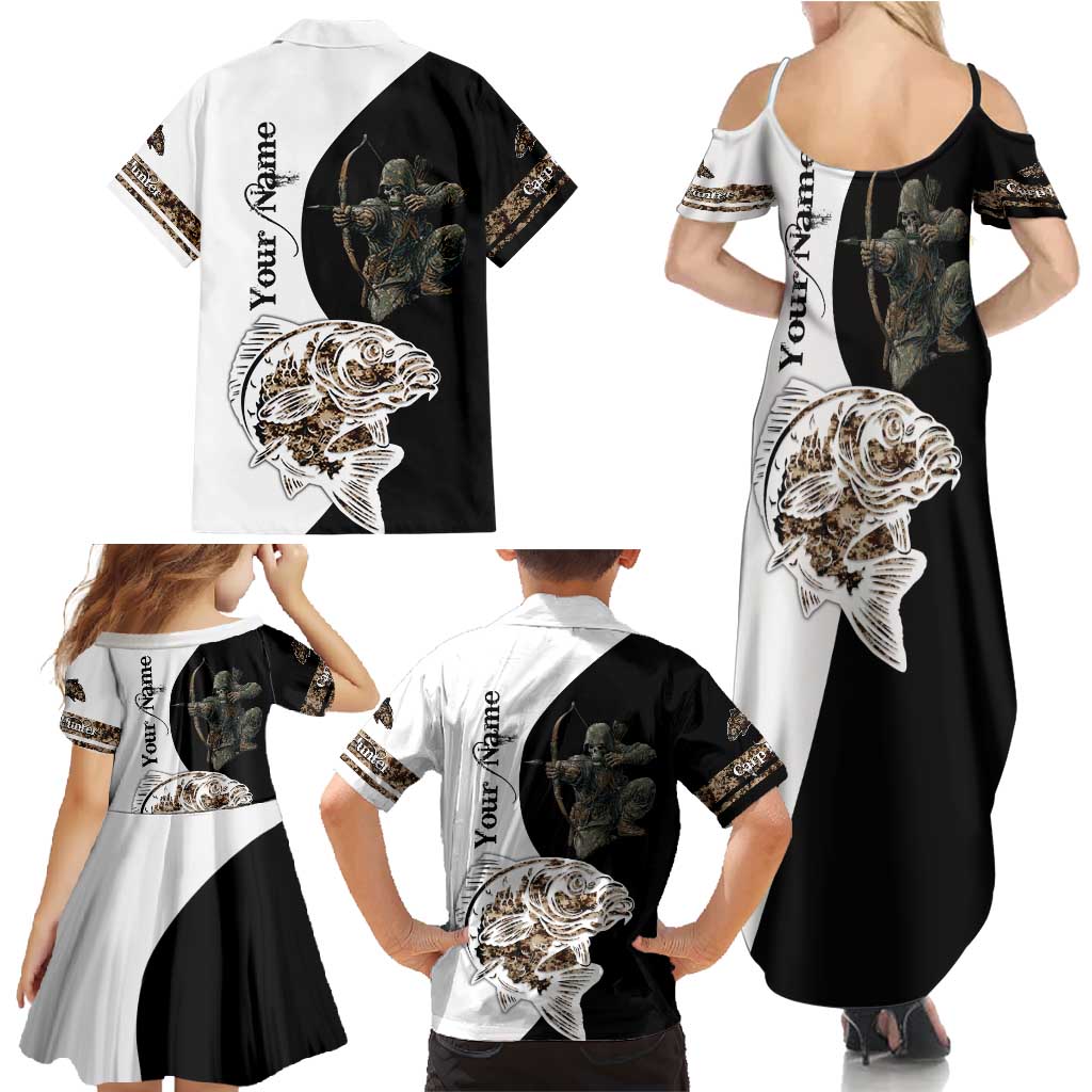 Carp Hunter Bowfishing Customize Name Family Matching Summer Maxi Dress and Hawaiian Shirt Camouflage Archer Graphic and Black White Split Layout - Wonder Print Shop