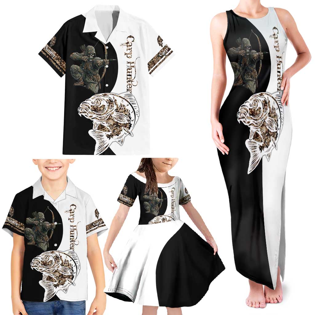 Carp Hunter Bowfishing Customize Name Family Matching Tank Maxi Dress and Hawaiian Shirt Camouflage Archer Graphic and Black White Split Layout - Wonder Print Shop