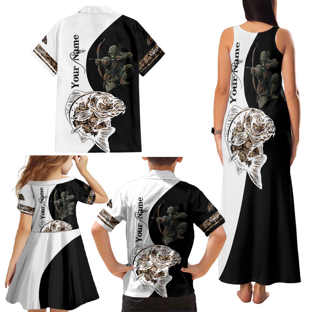 Carp Hunter Bowfishing Customize Name Family Matching Tank Maxi Dress and Hawaiian Shirt Camouflage Archer Graphic and Black White Split Layout - Wonder Print Shop