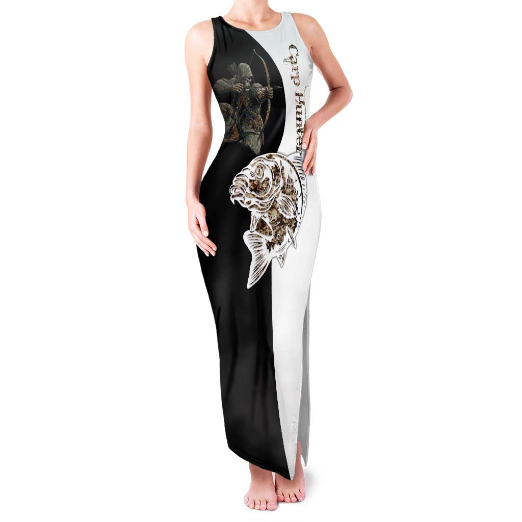 Carp Hunter Bowfishing Customize Name Family Matching Tank Maxi Dress and Hawaiian Shirt Camouflage Archer Graphic and Black White Split Layout - Wonder Print Shop