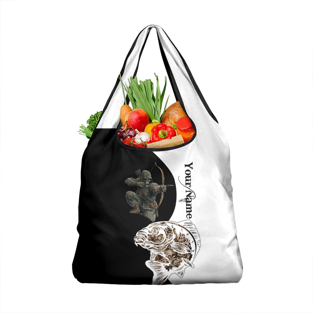 Carp Hunter Bowfishing Customize Name Grocery Bag Camouflage Archer Graphic and Black White Split Layout - Wonder Print Shop