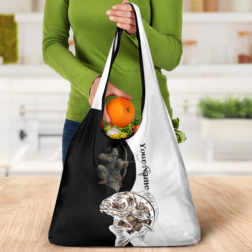 Carp Hunter Bowfishing Customize Name Grocery Bag Camouflage Archer Graphic and Black White Split Layout - Wonder Print Shop