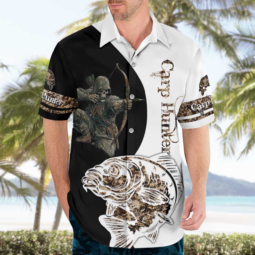 Carp Hunter Bowfishing Customize Name Hawaiian Shirt Camouflage Archer Graphic and Black White Split Layout - Wonder Print Shop