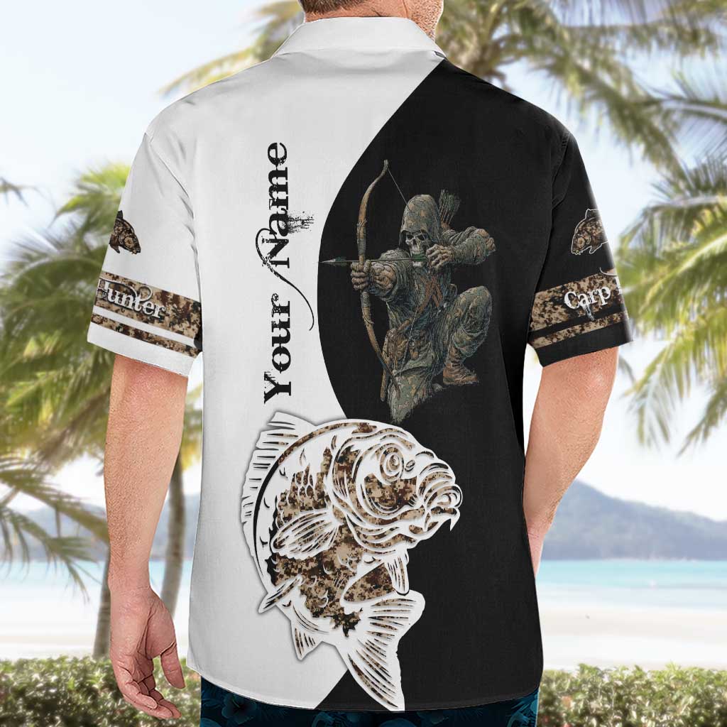 Carp Hunter Bowfishing Customize Name Hawaiian Shirt Camouflage Archer Graphic and Black White Split Layout - Wonder Print Shop