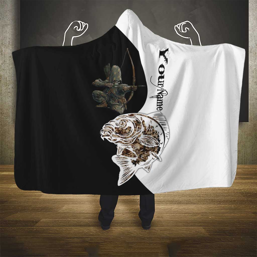 Carp Hunter Bowfishing Customize Name Hooded Blanket Camouflage Archer Graphic and Black White Split Layout - Wonder Print Shop