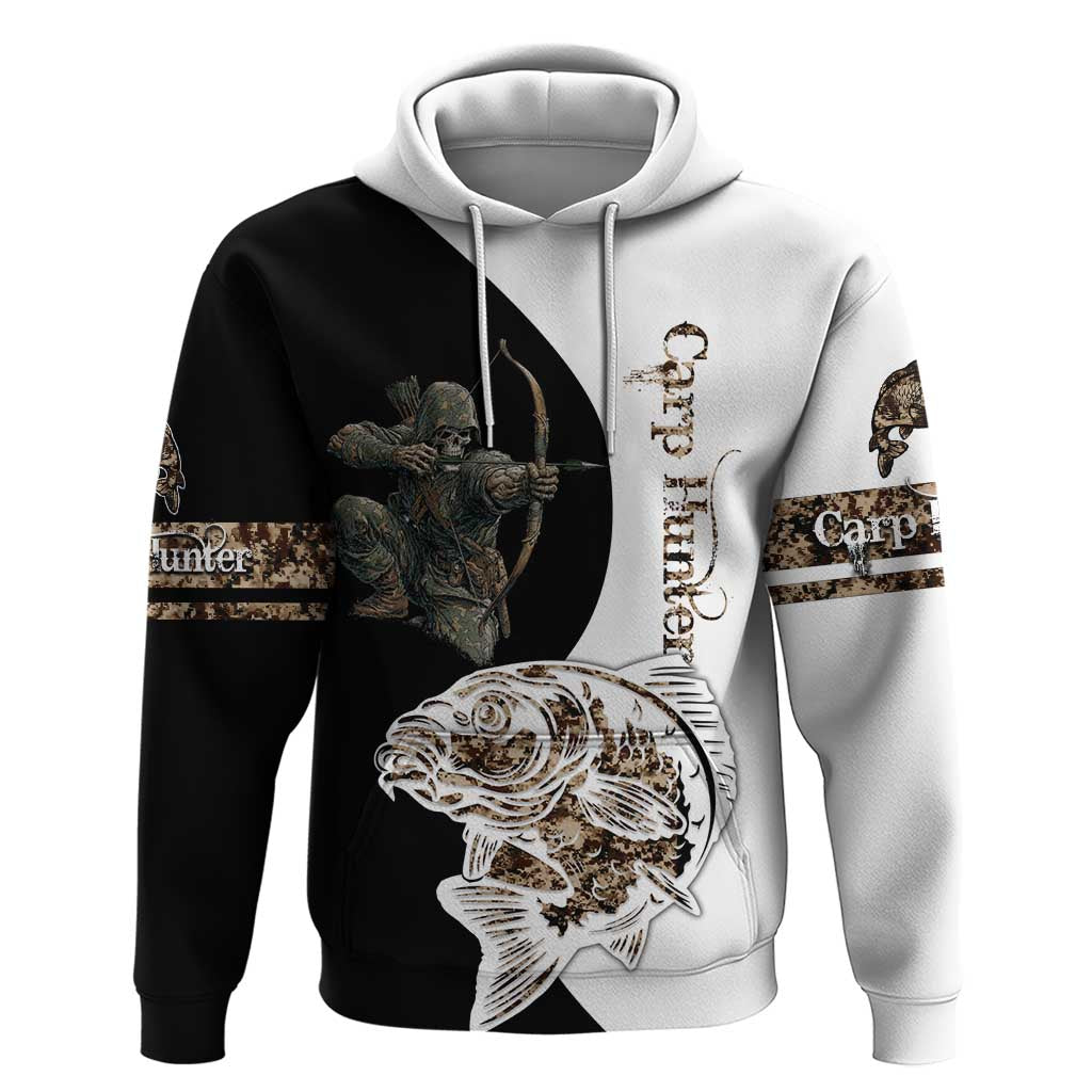 Carp Hunter Bowfishing Customize Name Hoodie Camouflage Archer Graphic and Black White Split Layout - Wonder Print Shop