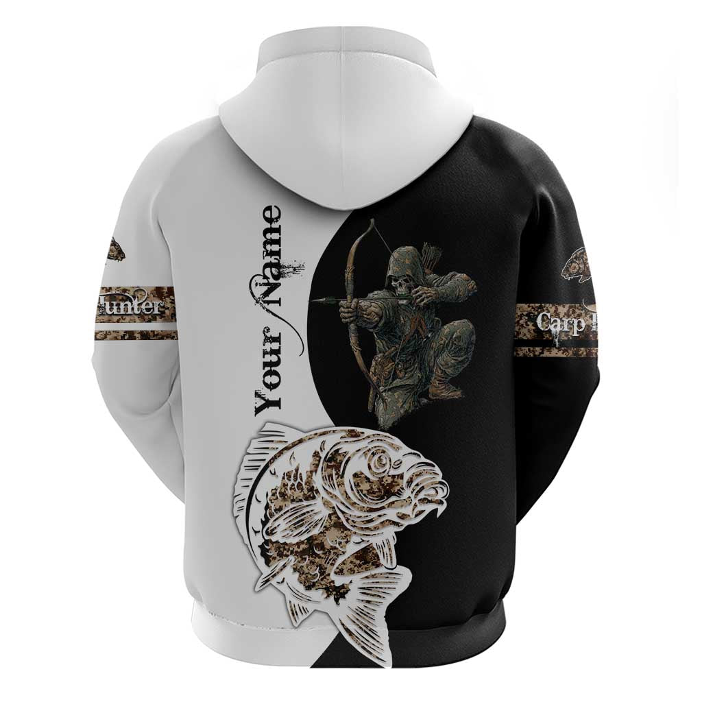 Carp Hunter Bowfishing Customize Name Hoodie Camouflage Archer Graphic and Black White Split Layout - Wonder Print Shop