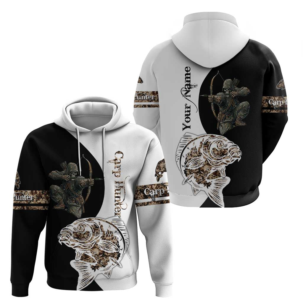 Carp Hunter Bowfishing Customize Name Hoodie Camouflage Archer Graphic and Black White Split Layout - Wonder Print Shop