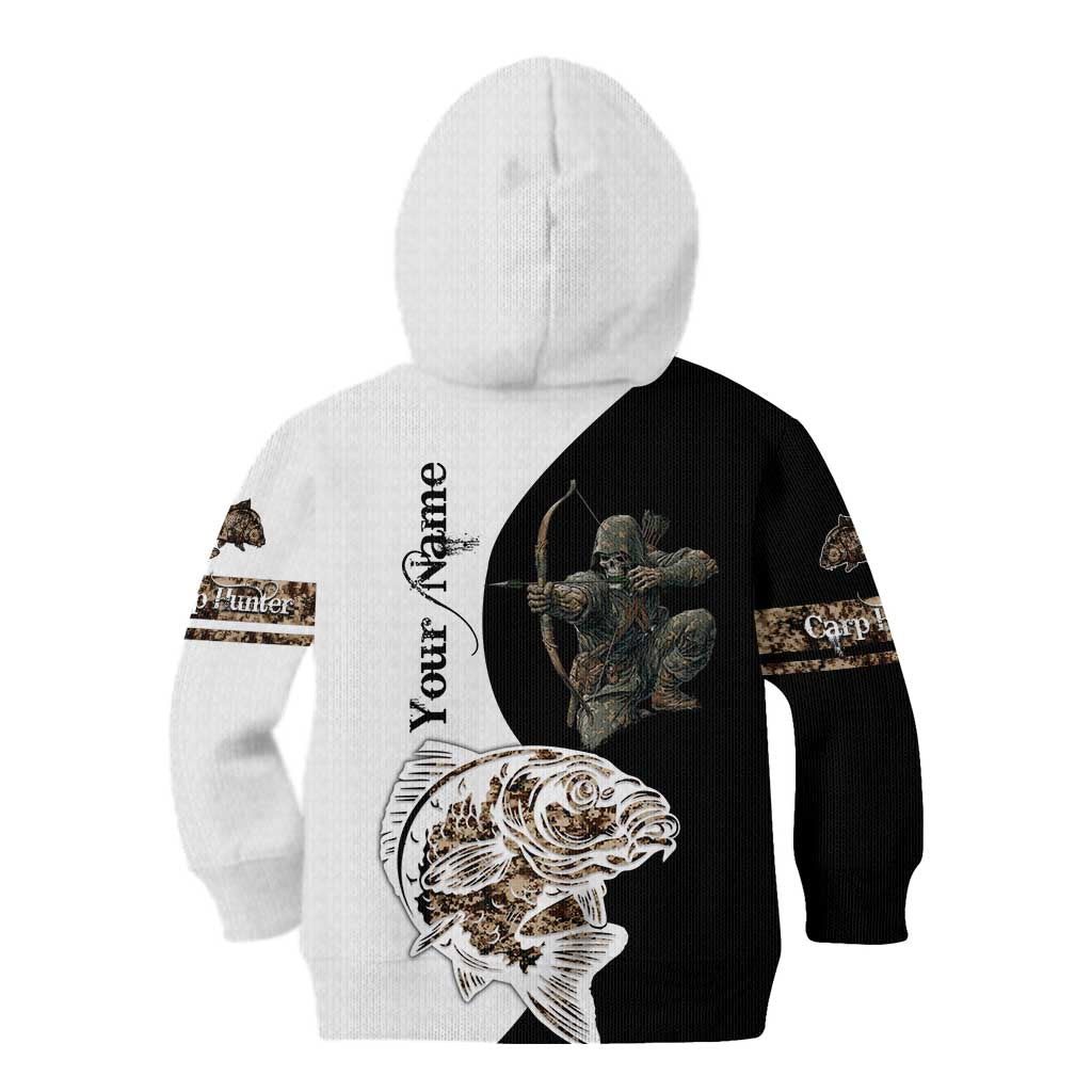 Carp Hunter Bowfishing Customize Name Kid Hoodie Camouflage Archer Graphic and Black White Split Layout - Wonder Print Shop