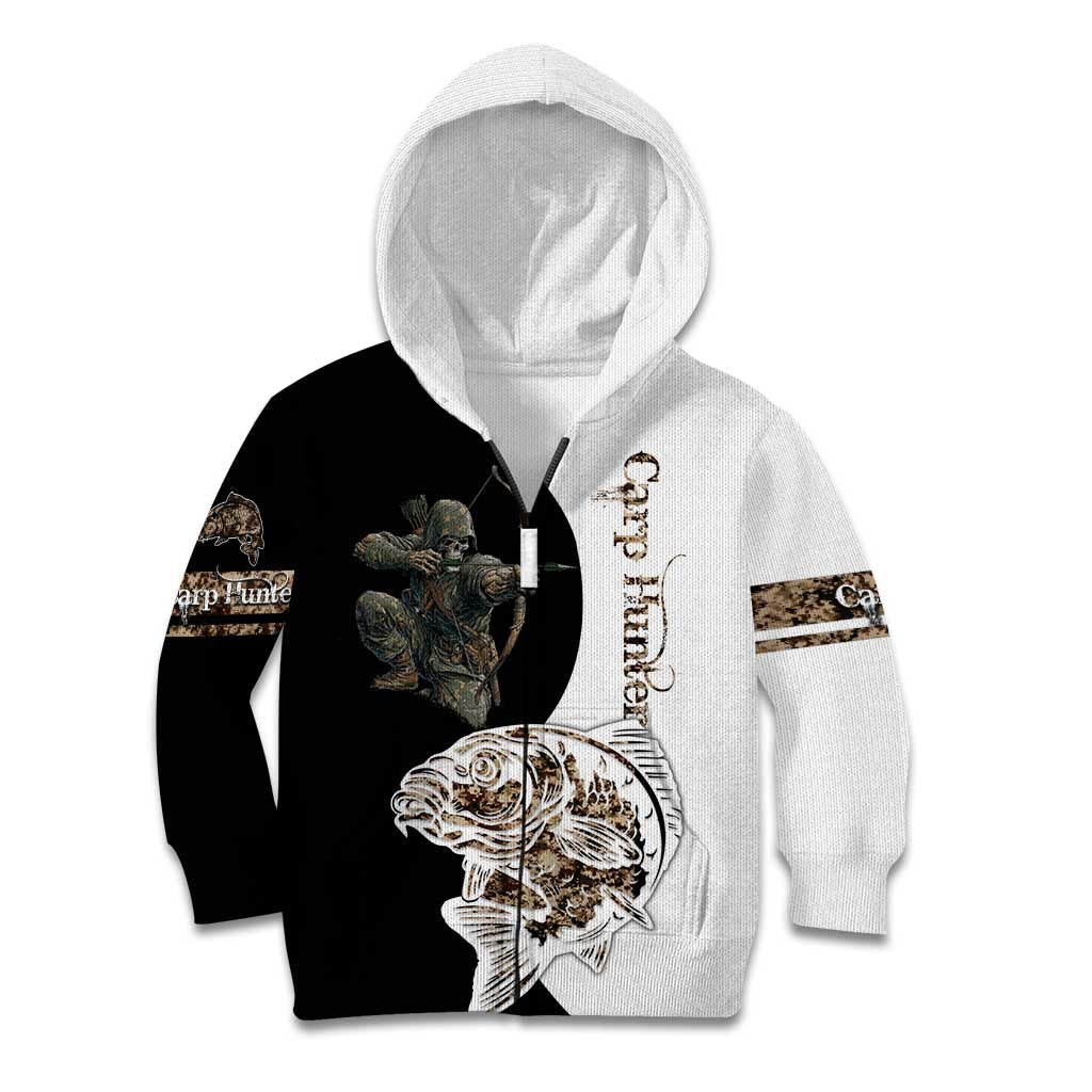 Carp Hunter Bowfishing Customize Name Kid Hoodie Camouflage Archer Graphic and Black White Split Layout - Wonder Print Shop