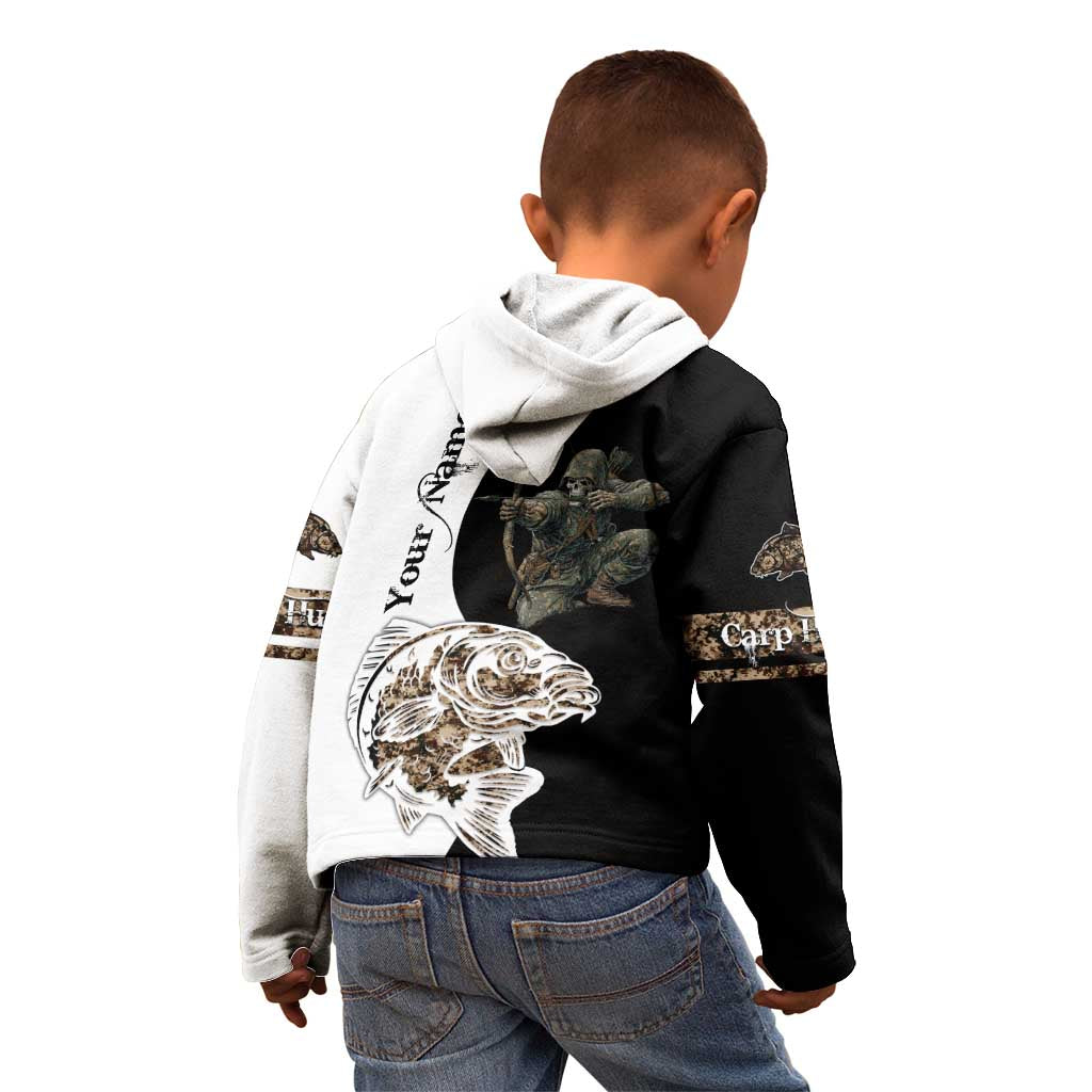 Carp Hunter Bowfishing Customize Name Kid Hoodie Camouflage Archer Graphic and Black White Split Layout - Wonder Print Shop