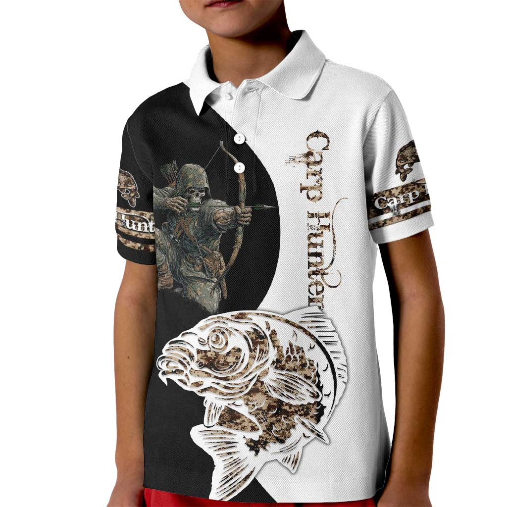 Carp Hunter Bowfishing Customize Name Kid Polo Shirt Camouflage Archer Graphic and Black White Split Layout - Wonder Print Shop
