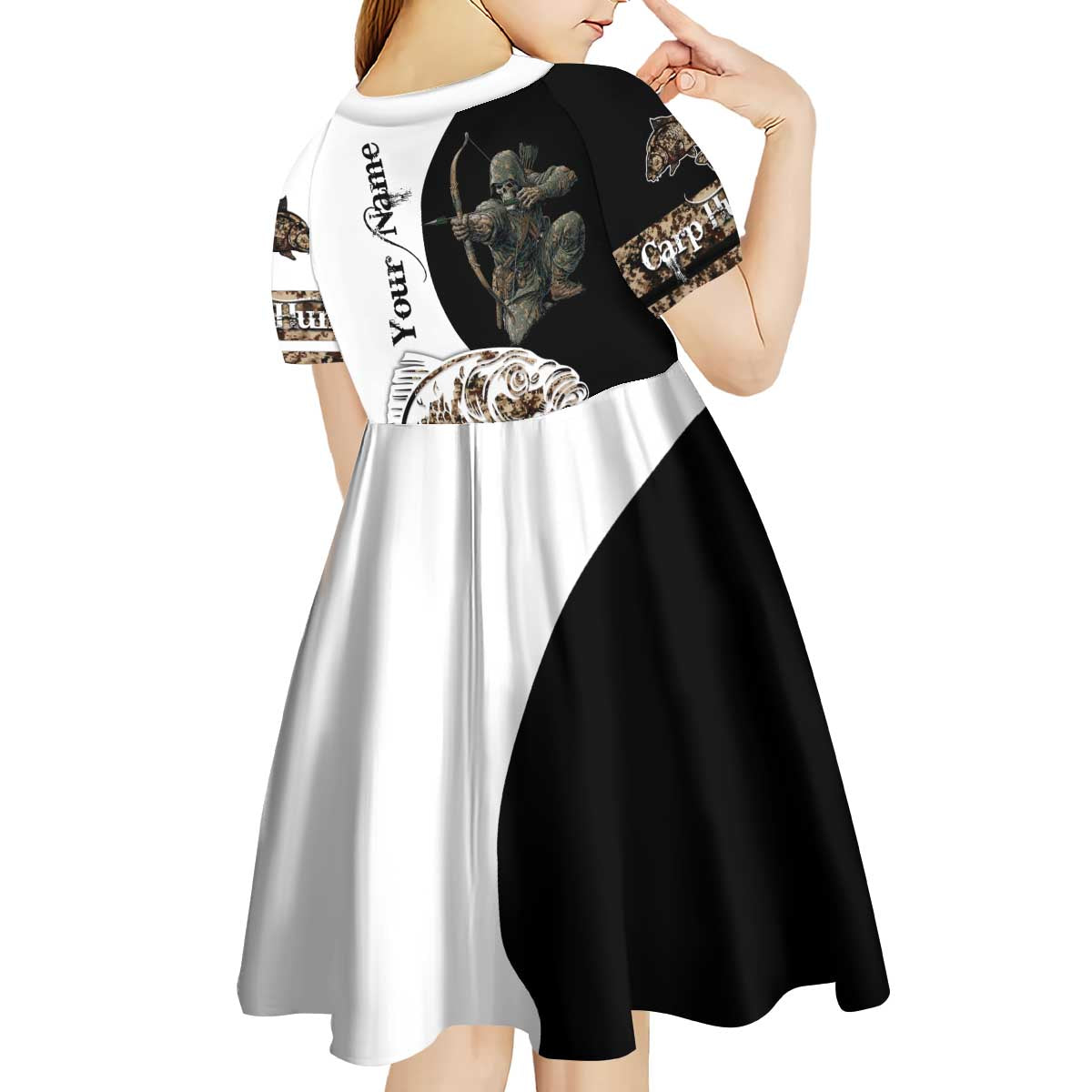 Carp Hunter Bowfishing Customize Name Kid Short Sleeve Dress Camouflage Archer Graphic and Black White Split Layout - Wonder Print Shop