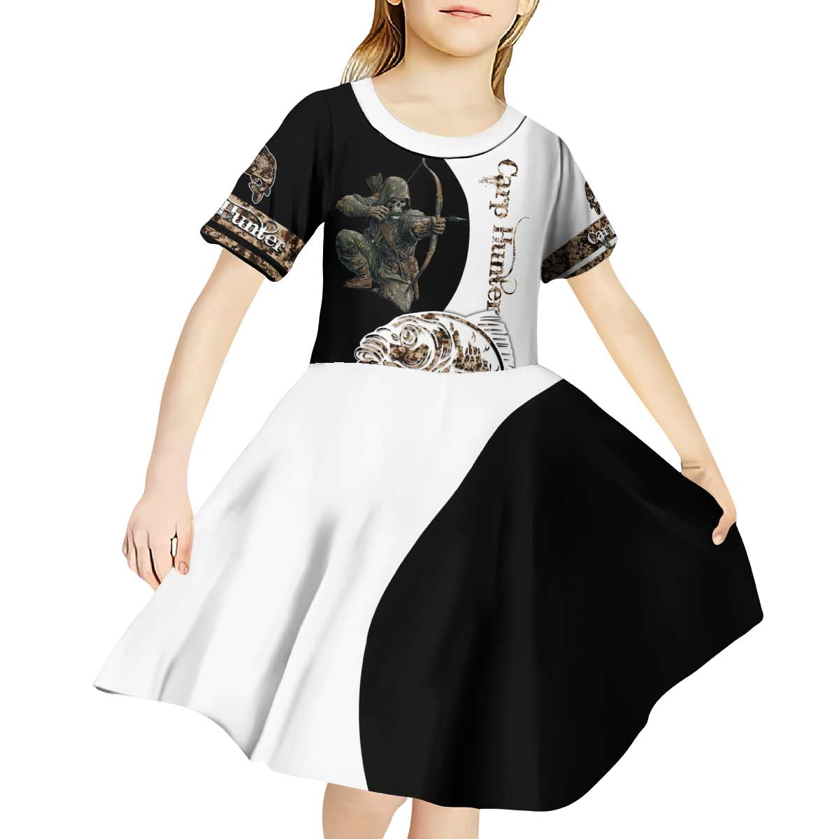 Carp Hunter Bowfishing Customize Name Kid Short Sleeve Dress Camouflage Archer Graphic and Black White Split Layout - Wonder Print Shop