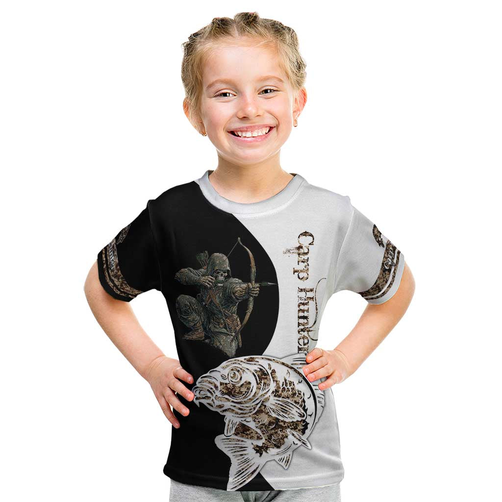 Carp Hunter Bowfishing Customize Name Kid T Shirt Camouflage Archer Graphic and Black White Split Layout - Wonder Print Shop
