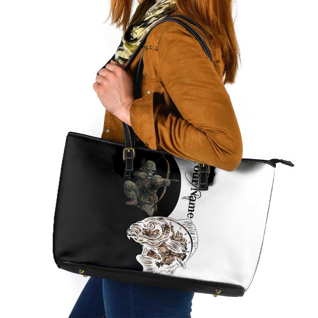Carp Hunter Bowfishing Customize Name Leather Tote Bag Camouflage Archer Graphic and Black White Split Layout - Wonder Print Shop