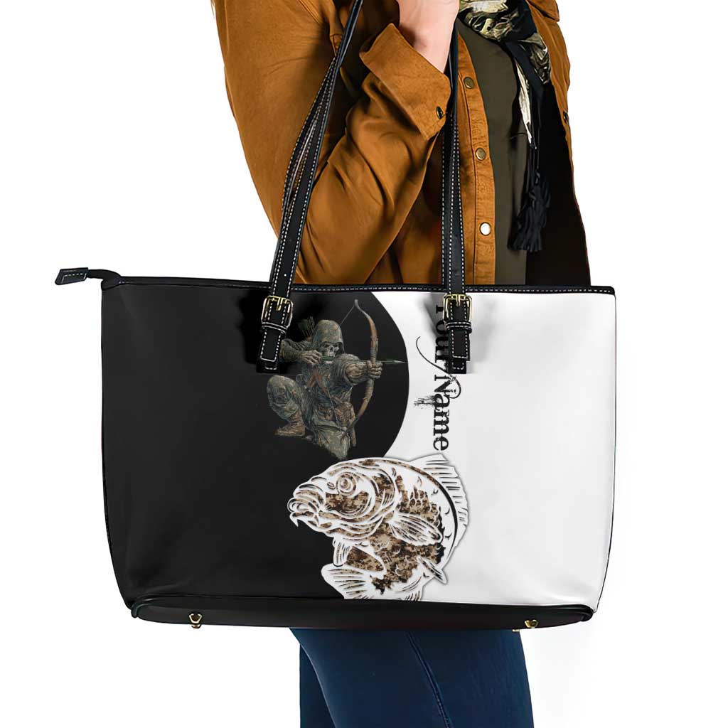 Carp Hunter Bowfishing Customize Name Leather Tote Bag Camouflage Archer Graphic and Black White Split Layout - Wonder Print Shop