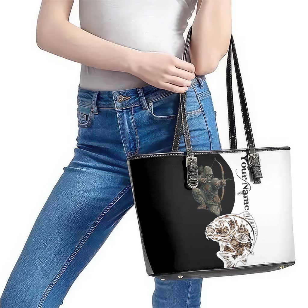 Carp Hunter Bowfishing Customize Name Leather Tote Bag Camouflage Archer Graphic and Black White Split Layout - Wonder Print Shop