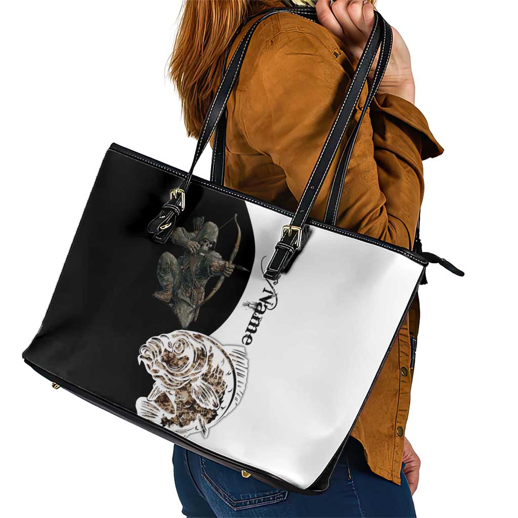 Carp Hunter Bowfishing Customize Name Leather Tote Bag Camouflage Archer Graphic and Black White Split Layout - Wonder Print Shop
