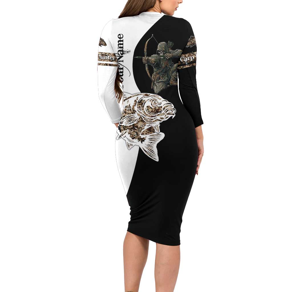 Carp Hunter Bowfishing Customize Name Long Sleeve Bodycon Dress Camouflage Archer Graphic and Black White Split Layout - Wonder Print Shop