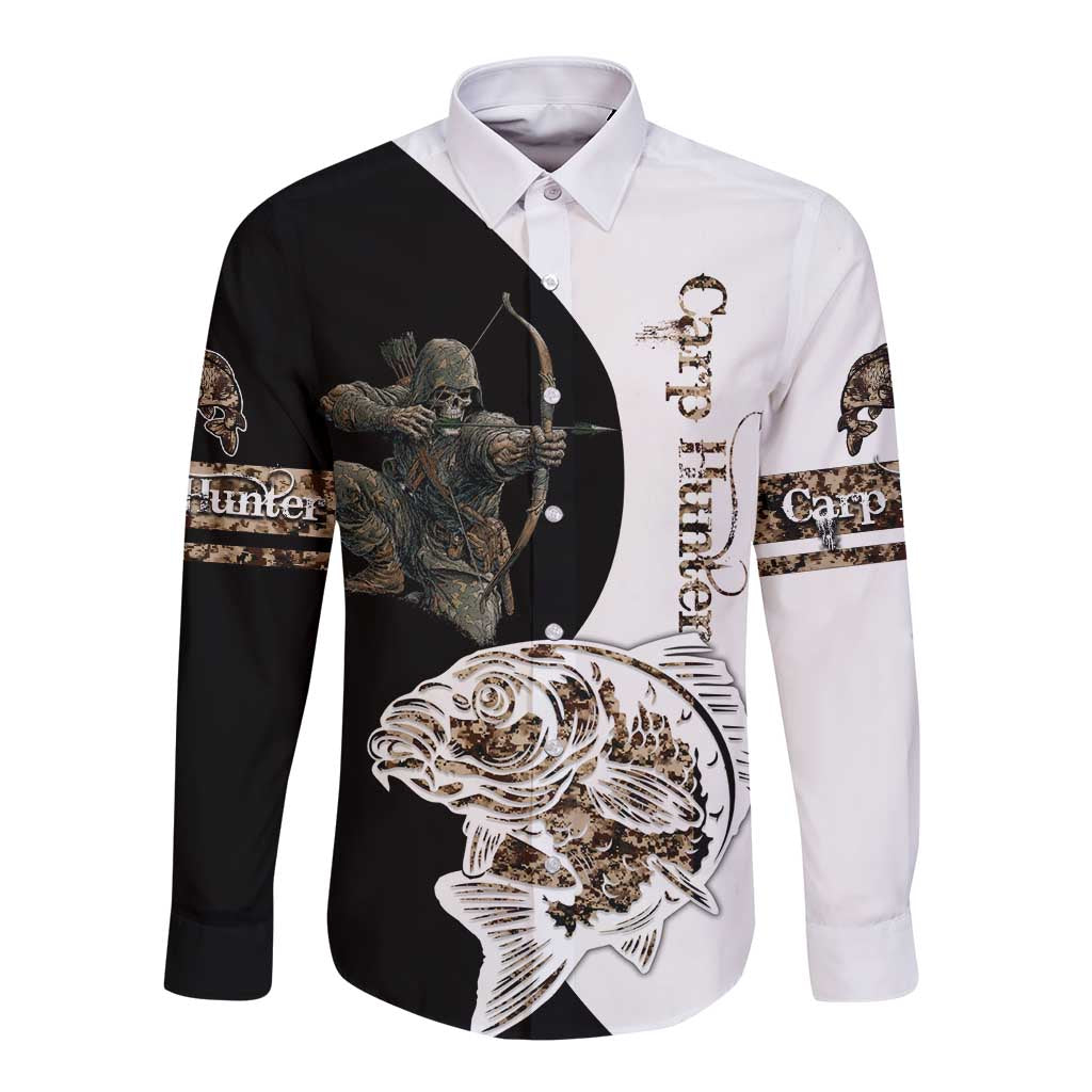 Carp Hunter Bowfishing Customize Name Long Sleeve Button Shirt Camouflage Archer Graphic and Black White Split Layout - Wonder Print Shop
