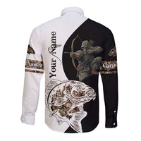 Carp Hunter Bowfishing Customize Name Long Sleeve Button Shirt Camouflage Archer Graphic and Black White Split Layout - Wonder Print Shop