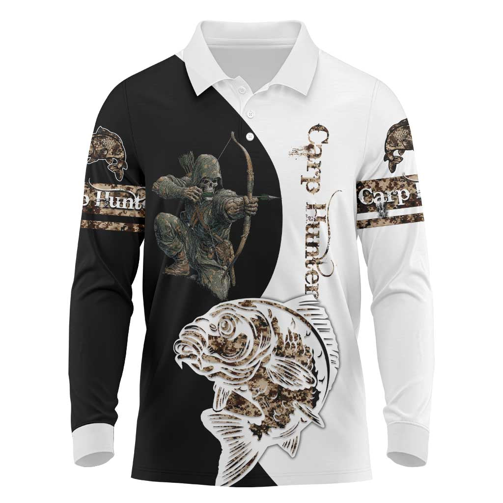 Carp Hunter Bowfishing Customize Name Long Sleeve Polo Shirt Camouflage Archer Graphic and Black White Split Layout - Wonder Print Shop