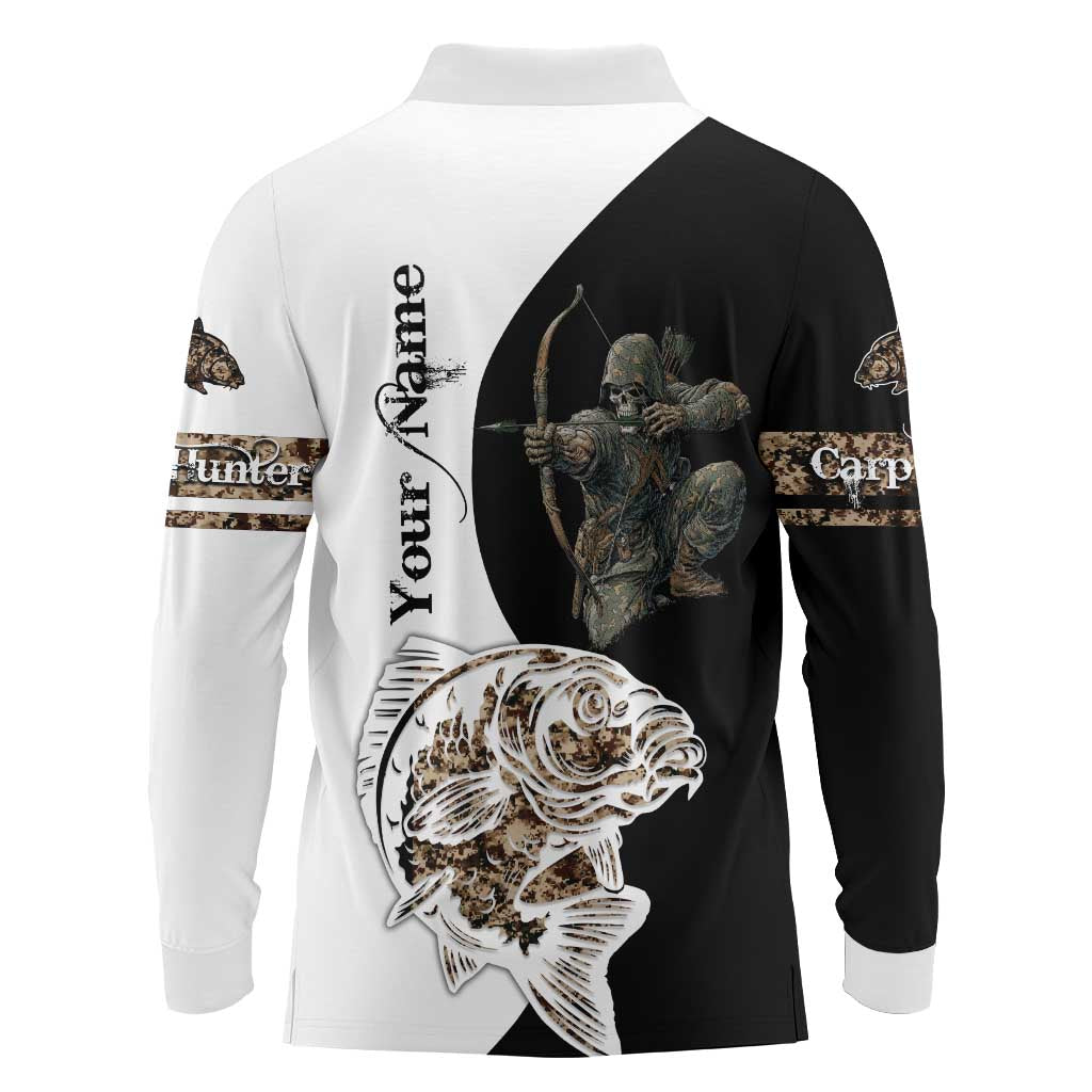 Carp Hunter Bowfishing Customize Name Long Sleeve Polo Shirt Camouflage Archer Graphic and Black White Split Layout - Wonder Print Shop