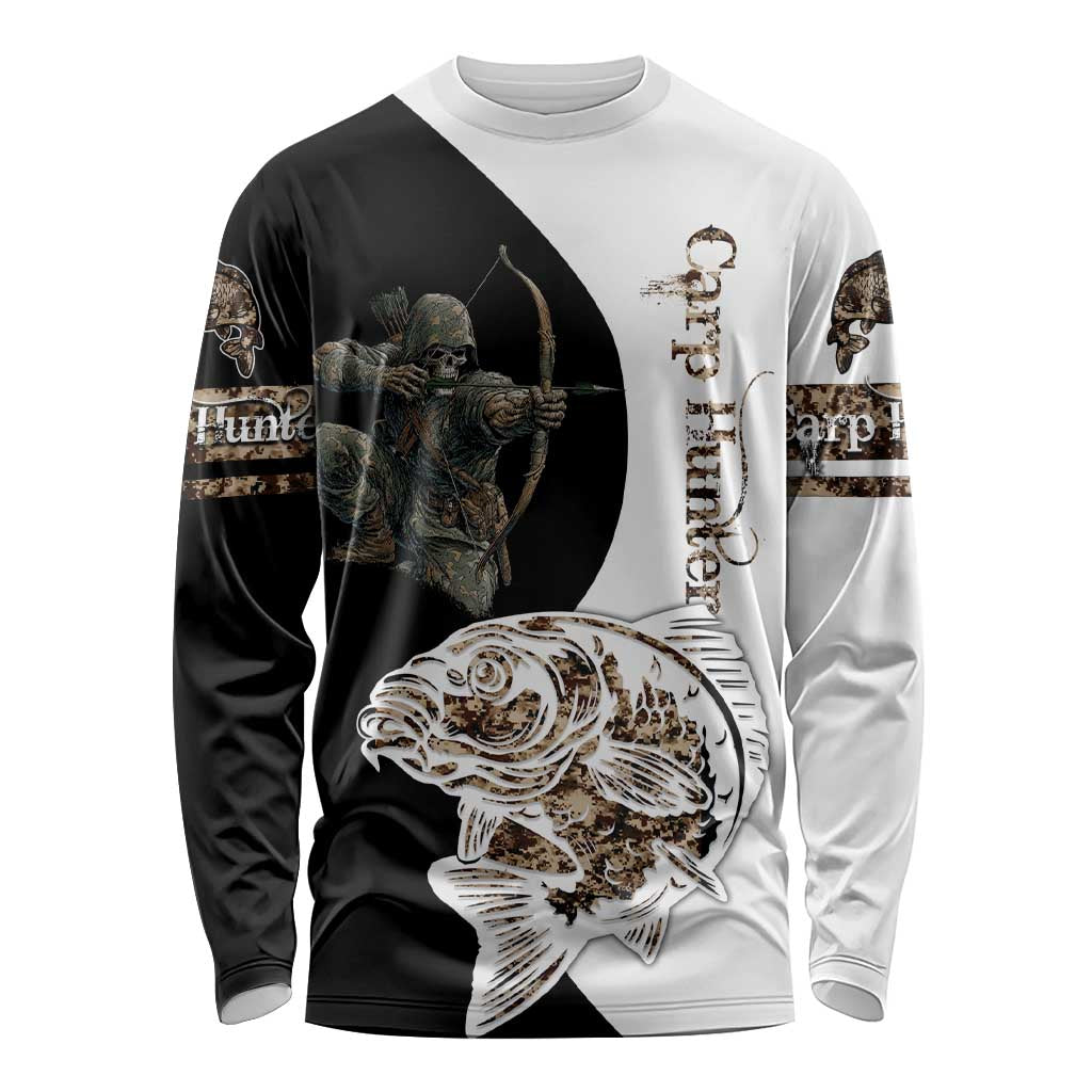 Carp Hunter Bowfishing Customize Name Long Sleeve Shirt Camouflage Archer Graphic and Black White Split Layout - Wonder Print Shop