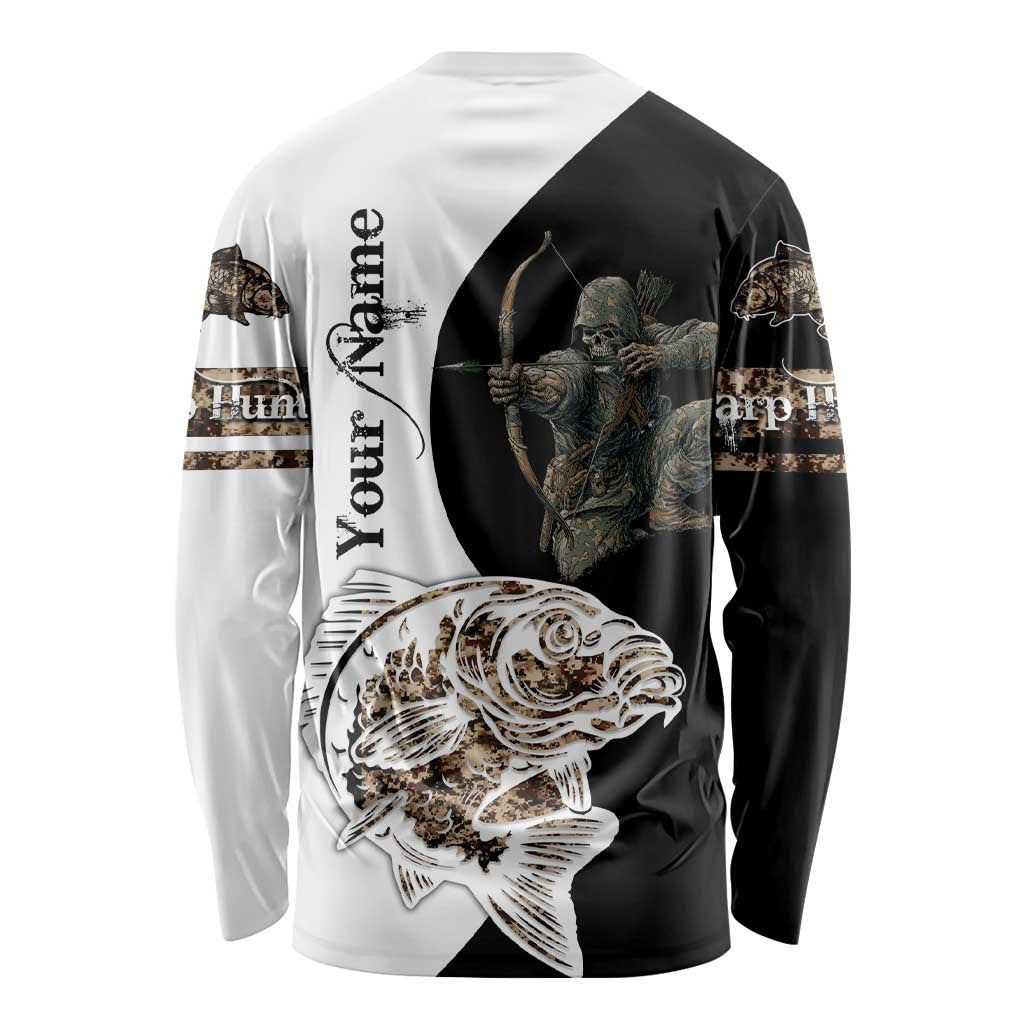 Carp Hunter Bowfishing Customize Name Long Sleeve Shirt Camouflage Archer Graphic and Black White Split Layout - Wonder Print Shop