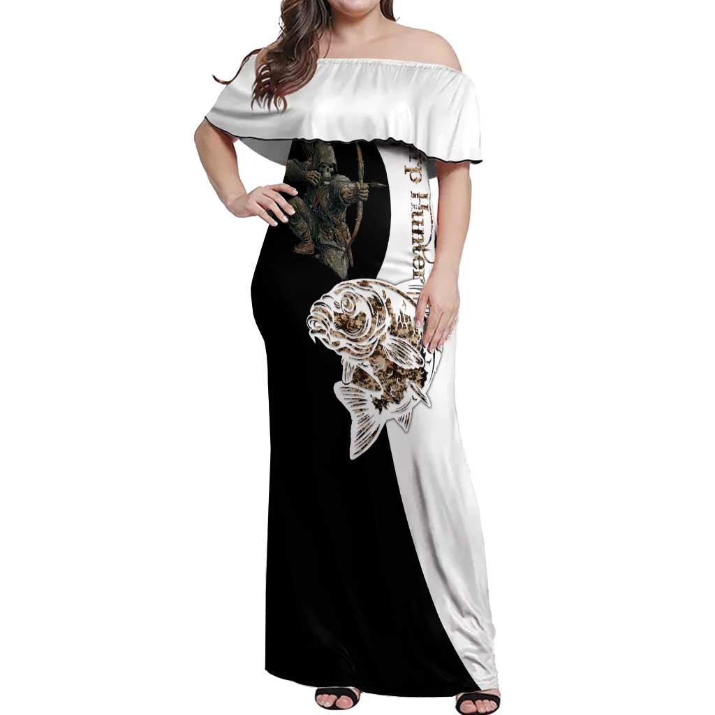 Carp Hunter Bowfishing Customize Name Off Shoulder Maxi Dress Camouflage Archer Graphic and Black White Split Layout - Wonder Print Shop