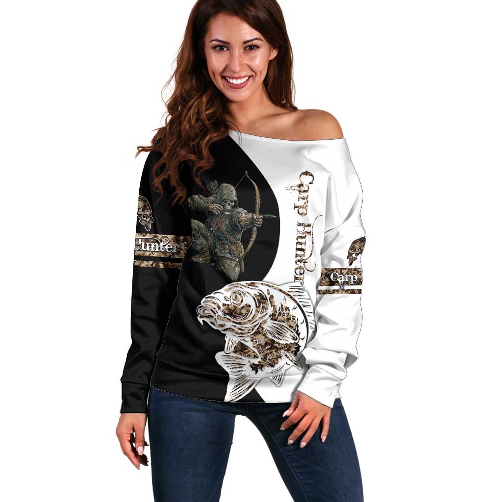 Carp Hunter Bowfishing Customize Name Off Shoulder Sweater Camouflage Archer Graphic and Black White Split Layout - Wonder Print Shop