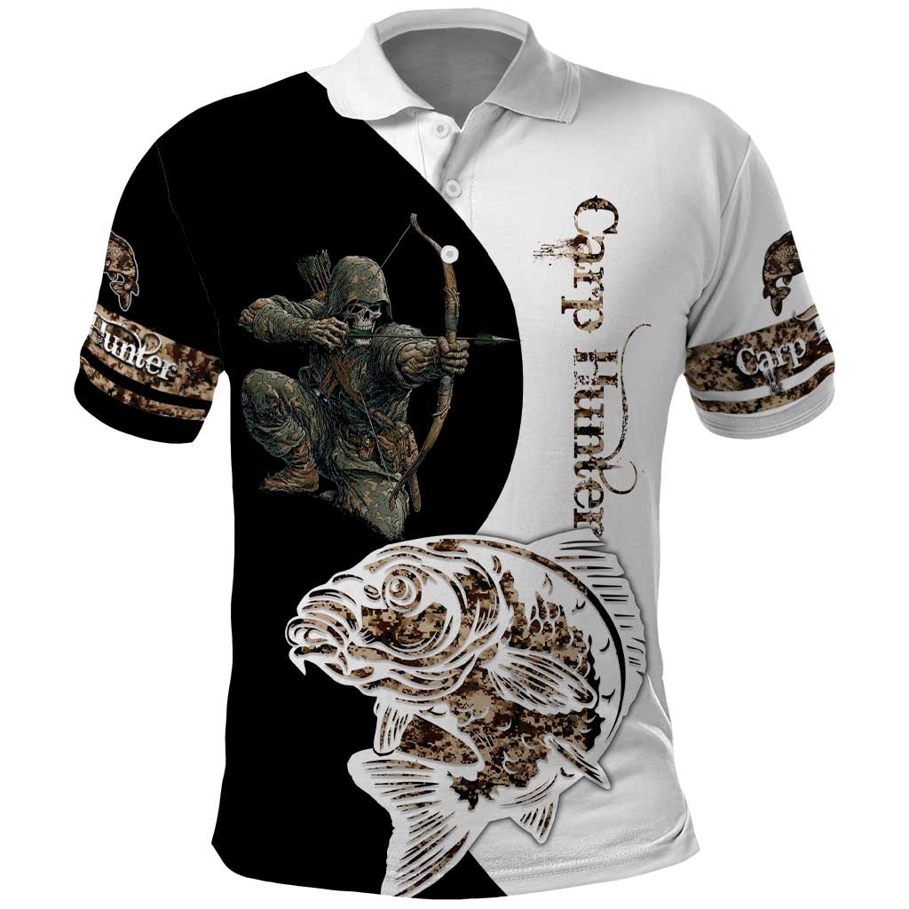 Carp Hunter Bowfishing Customize Name Polo Shirt Camouflage Archer Graphic and Black White Split Layout - Wonder Print Shop