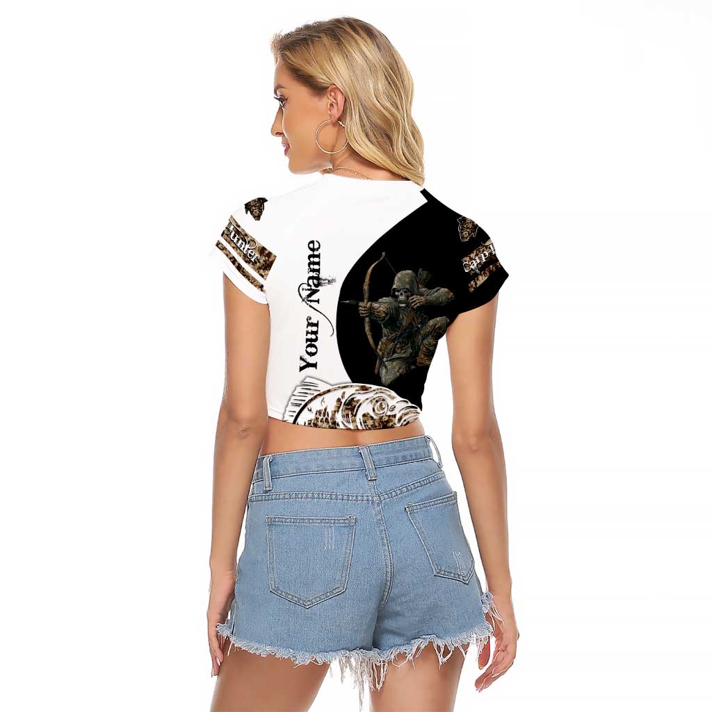 Carp Hunter Bowfishing Customize Name Raglan Cropped T Shirt Camouflage Archer Graphic and Black White Split Layout - Wonder Print Shop