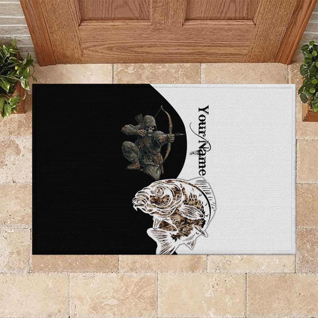 Carp Hunter Bowfishing Customize Name Rubber Doormat Camouflage Archer Graphic and Black White Split Layout - Wonder Print Shop